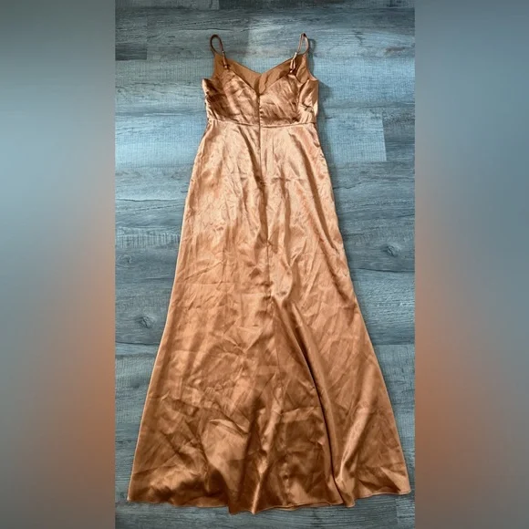 Birdy Grey Catherine Dress Rust Small Satin Maxi Bridesmaid Bridal Metallic Gold - Picture 4 of 4